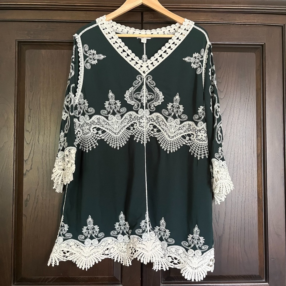 CATO Embroidered Peasant Tunic Top Womens Plus Size 22/24 Boho Deep Green
